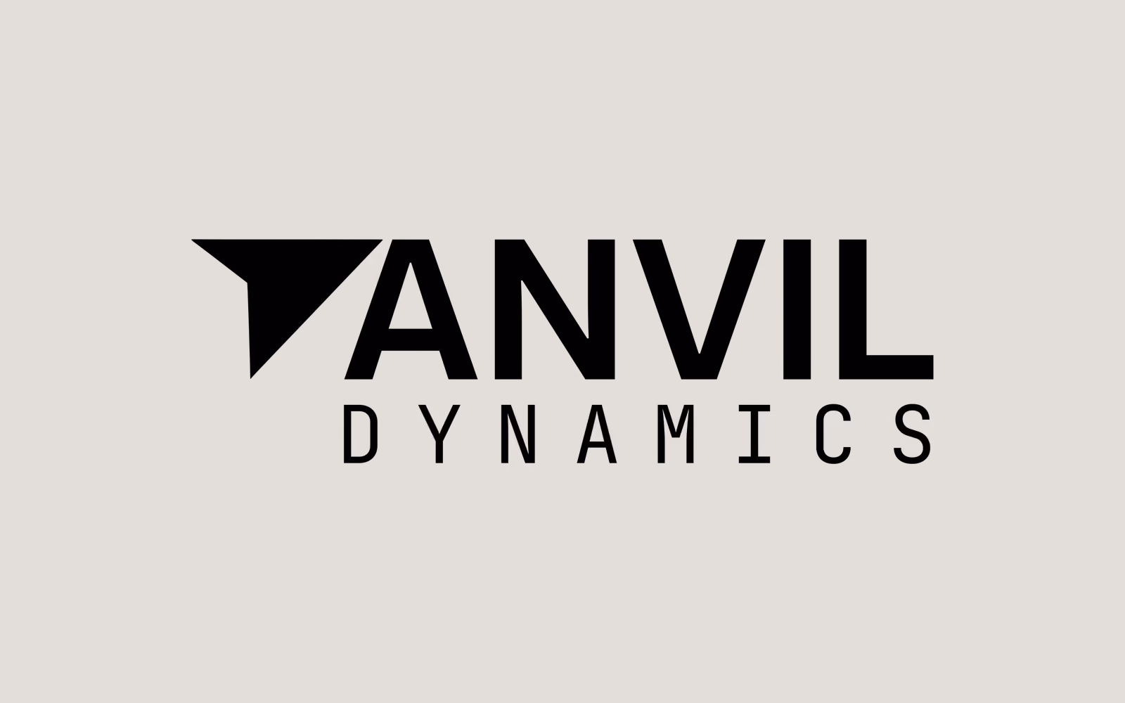 The Anvil Dynamics mark in black on warm grey: ANVIL in a heavy sans with the A cut into an anvil shape, DYNAMICS set small and wide beneath.