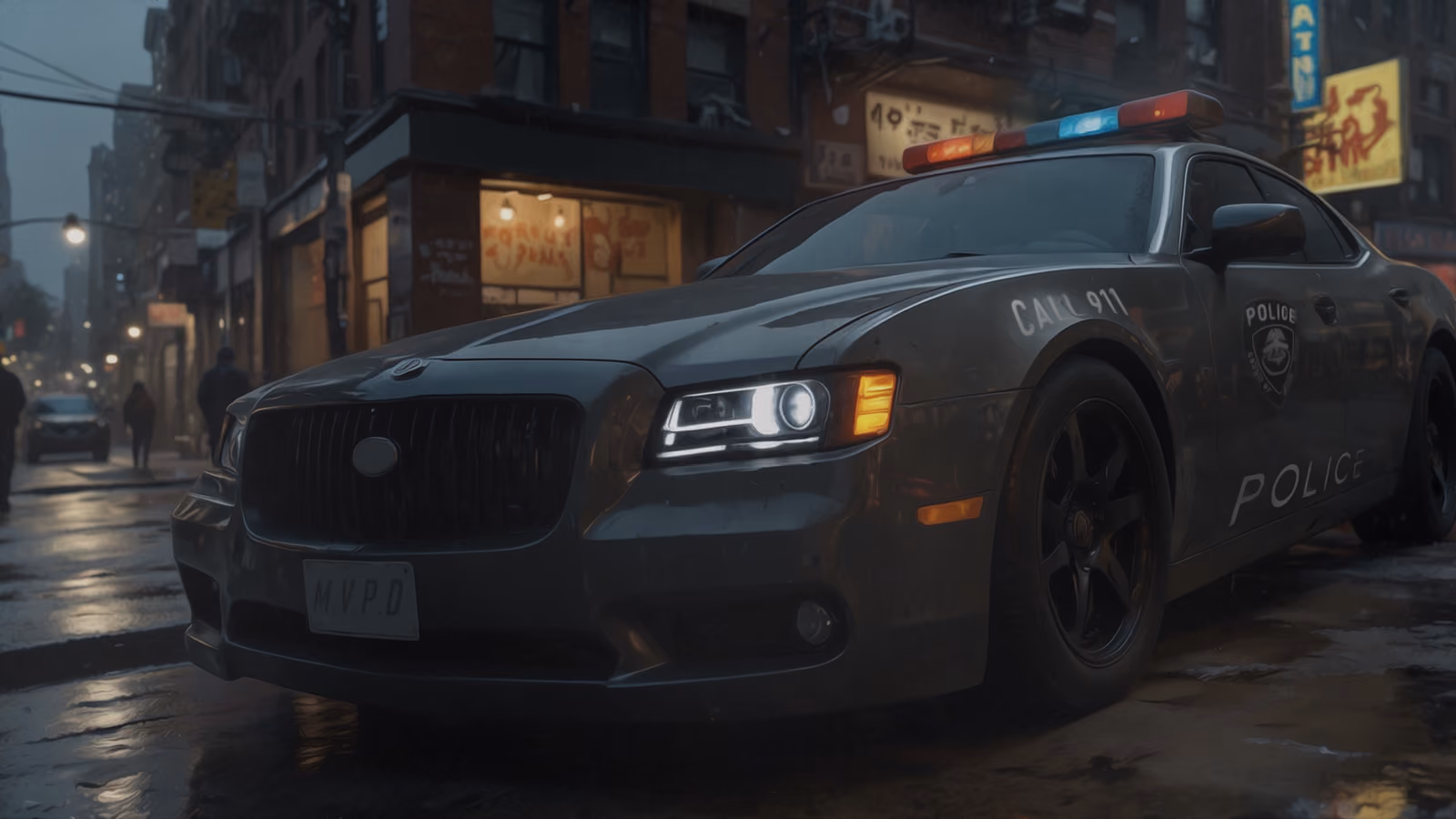 An MVPD patrol sedan on a wet night street, light bar dark, headlights and indicators lit, shopfronts and signage glowing behind it.
