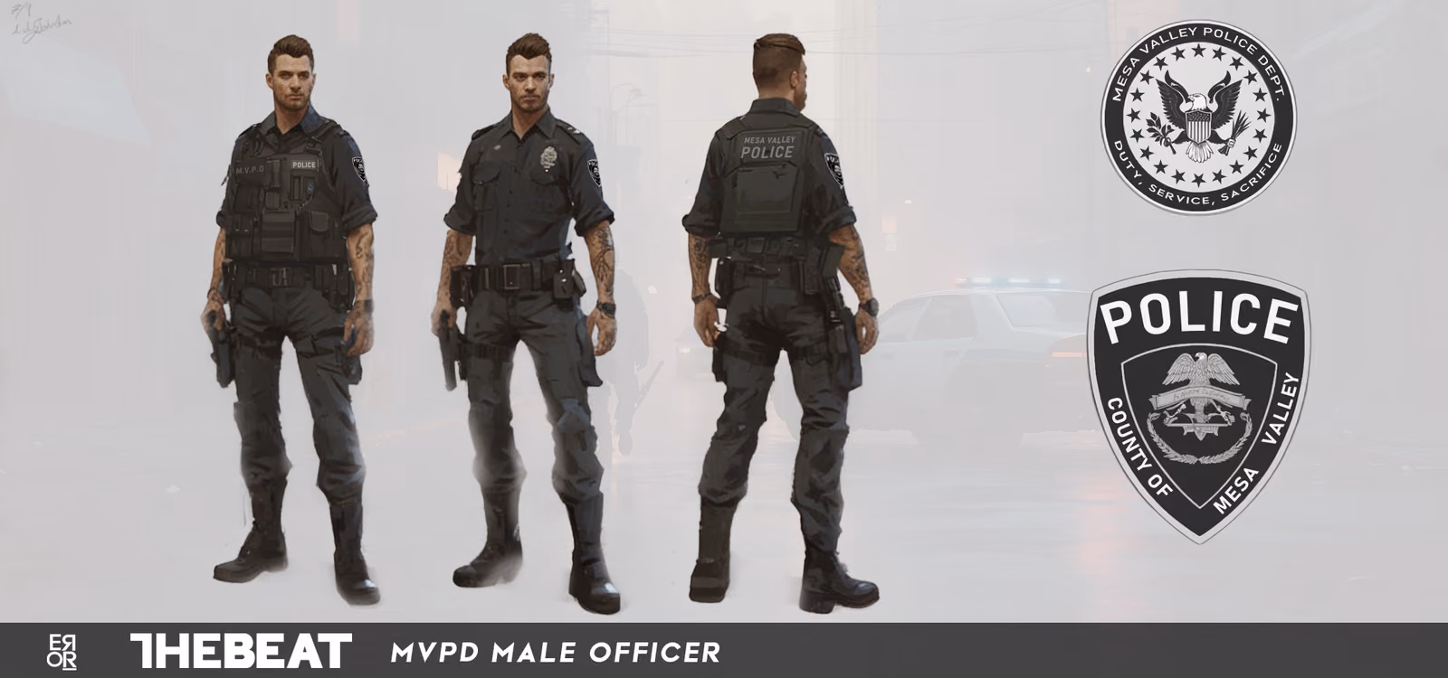 Character turnaround for a Mesa Valley PD patrol officer — front, back and three-quarter views in duty vest and radio harness, with the department seal and shoulder patch set beside him.