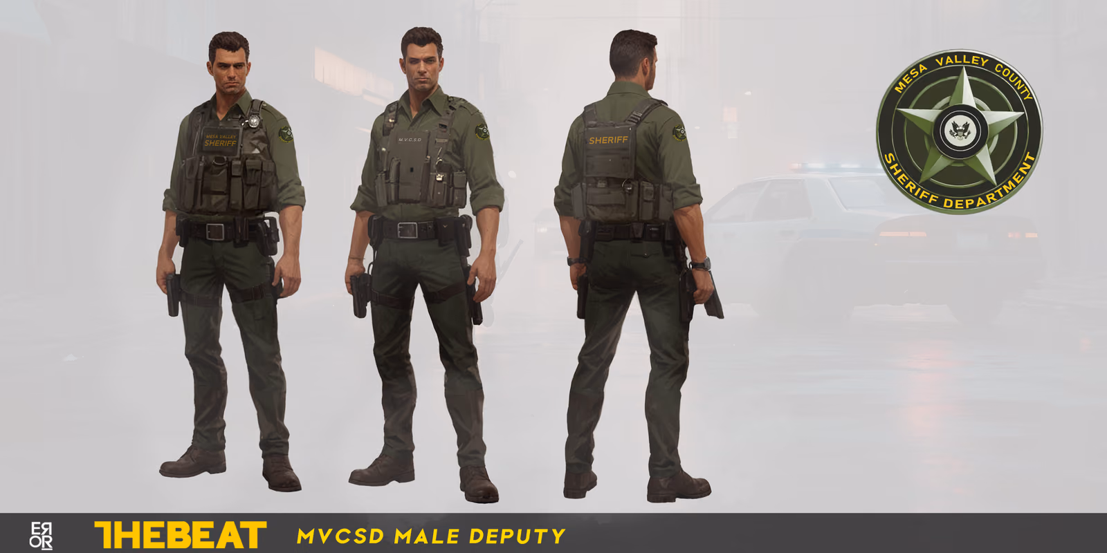 Turnaround for a Mesa Valley County Sheriff deputy in olive uniform shirt and duty rig, with the sheriff department star beside him.
