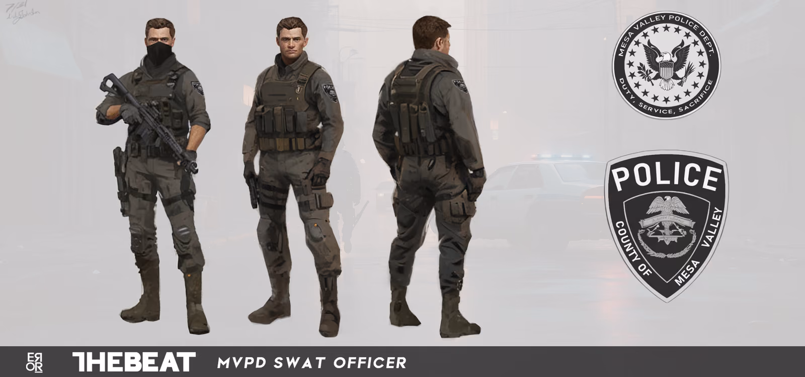 Turnaround for an MVPD SWAT officer in plate carrier and balaclava carrying a carbine, shown front, back and three-quarter with the department seal alongside.