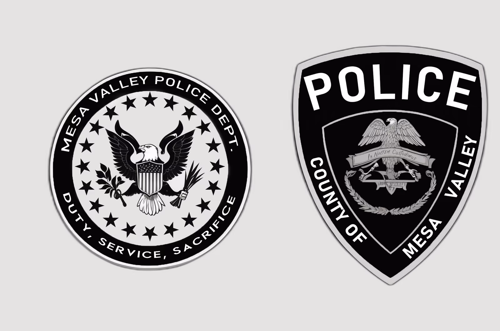 Department insignia in black and white — a circular Mesa Valley Police Department seal with eagle and stars, next to the shield-shaped county patch.