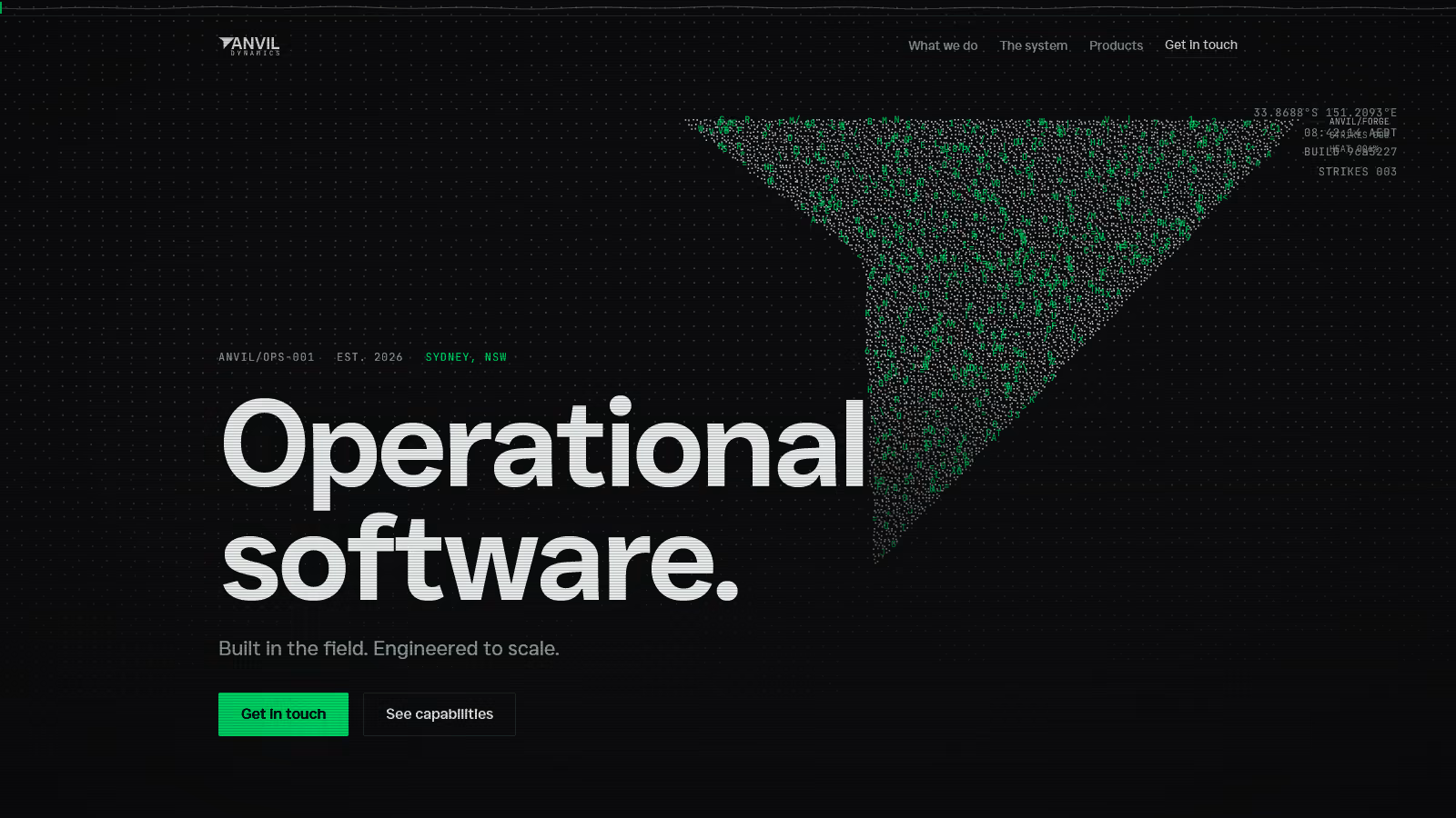 The Anvil Dynamics home page in a browser: a dark page with the headline set large on the left, a field of green and white dots forming a triangle on the right, and a green button below.