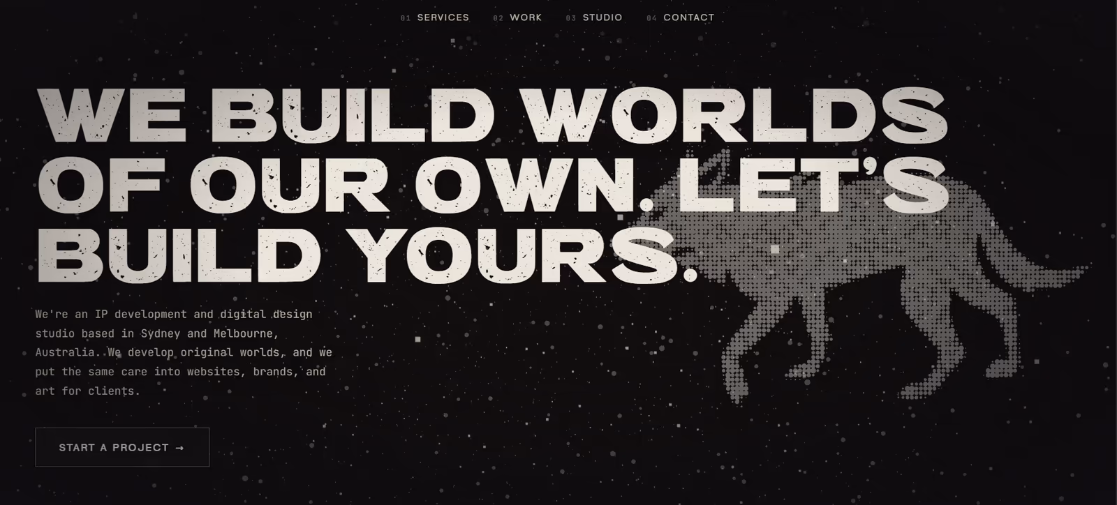 The Black Dingo Studios home page in a browser — a dark studio site with the wordmark set large and the navigation running across the top.
