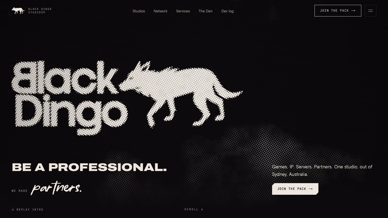 The Black Dingo Studios home page in a browser: a dark page with the studio wordmark and a dingo set in halftone dots, a large headline at the bottom left and the navigation across the top.