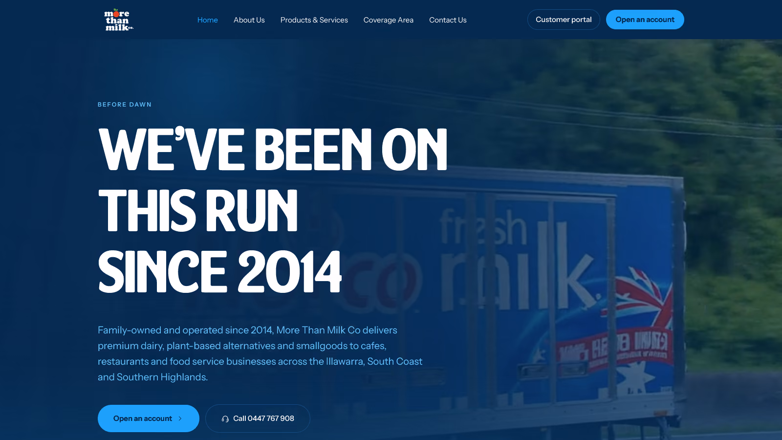 The More Than Milk Co home page in a browser: a large white headline over a blue-tinted photograph, with the navigation across the top.