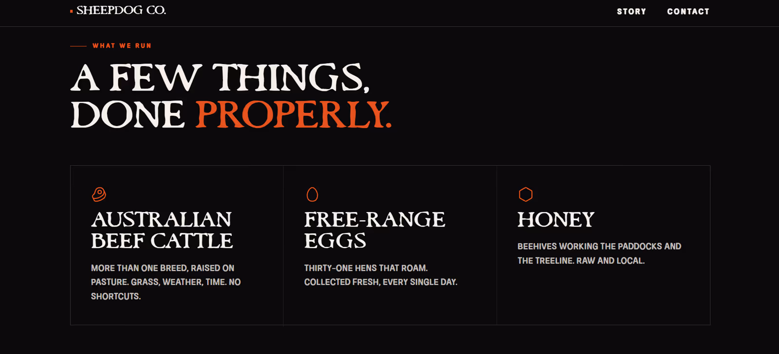 The Sheepdog Co. home page in a browser — a farm brand site with the stamp mark and paddock photography running full width.