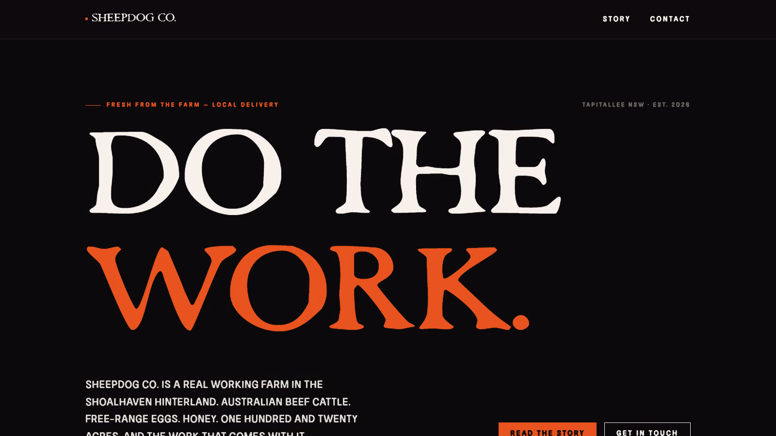 The Sheepdog Co. home page in a browser: a dark page with a large serif headline in cream and orange and the navigation across the top.
