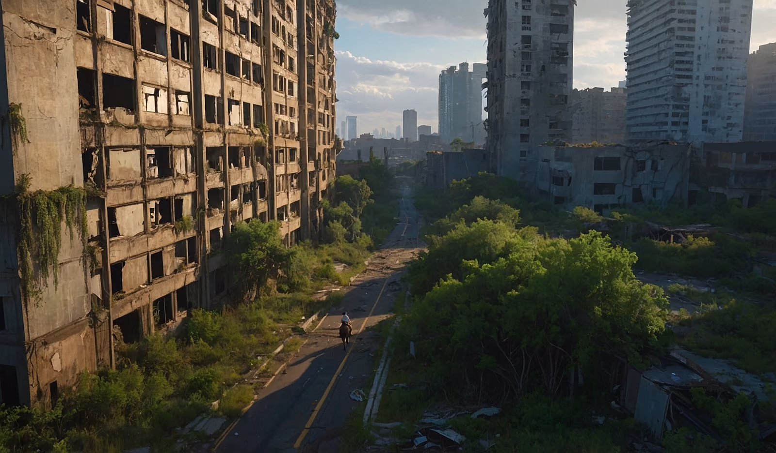 A ruined city street running dead straight to the horizon between gutted apartment blocks, trees and grass reclaiming the roadway, towers standing hazy in the distance.