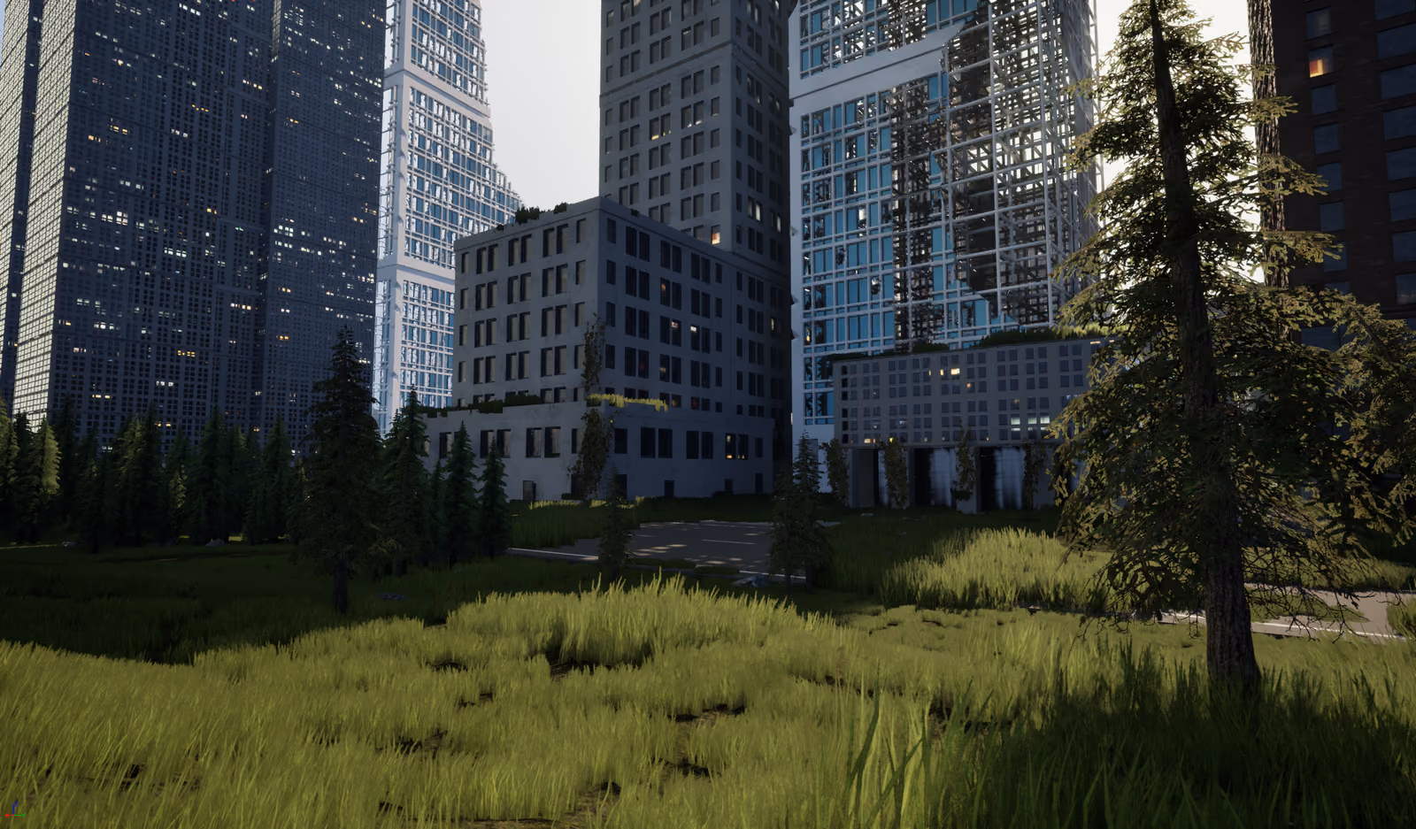 The same district open in the Unreal editor viewport, transform gizmo visible at the lower left, foliage scattered across the ground plane before grading.