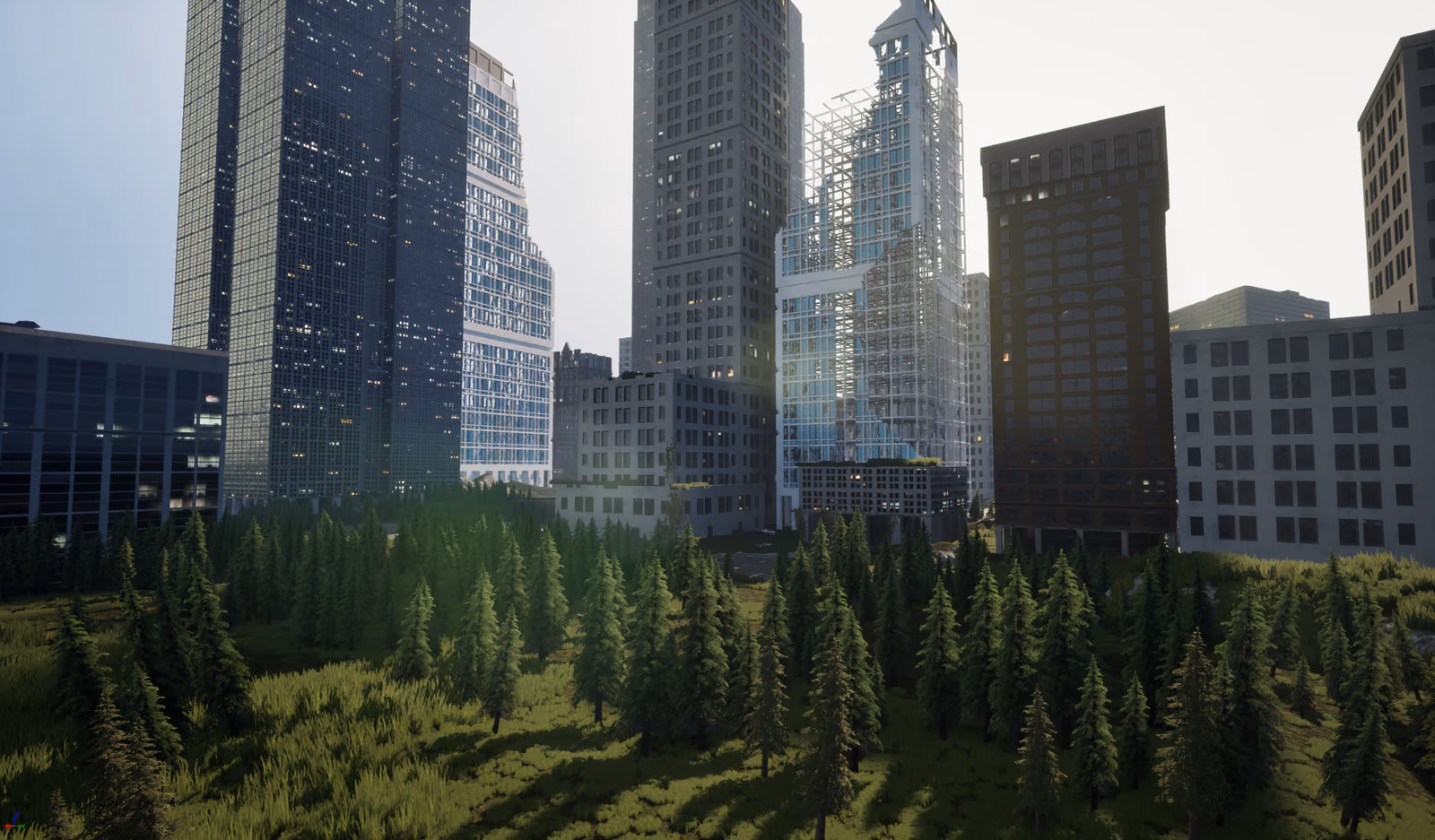 A wide view across the district, a dense conifer forest grown up between tower blocks under flat daylight.