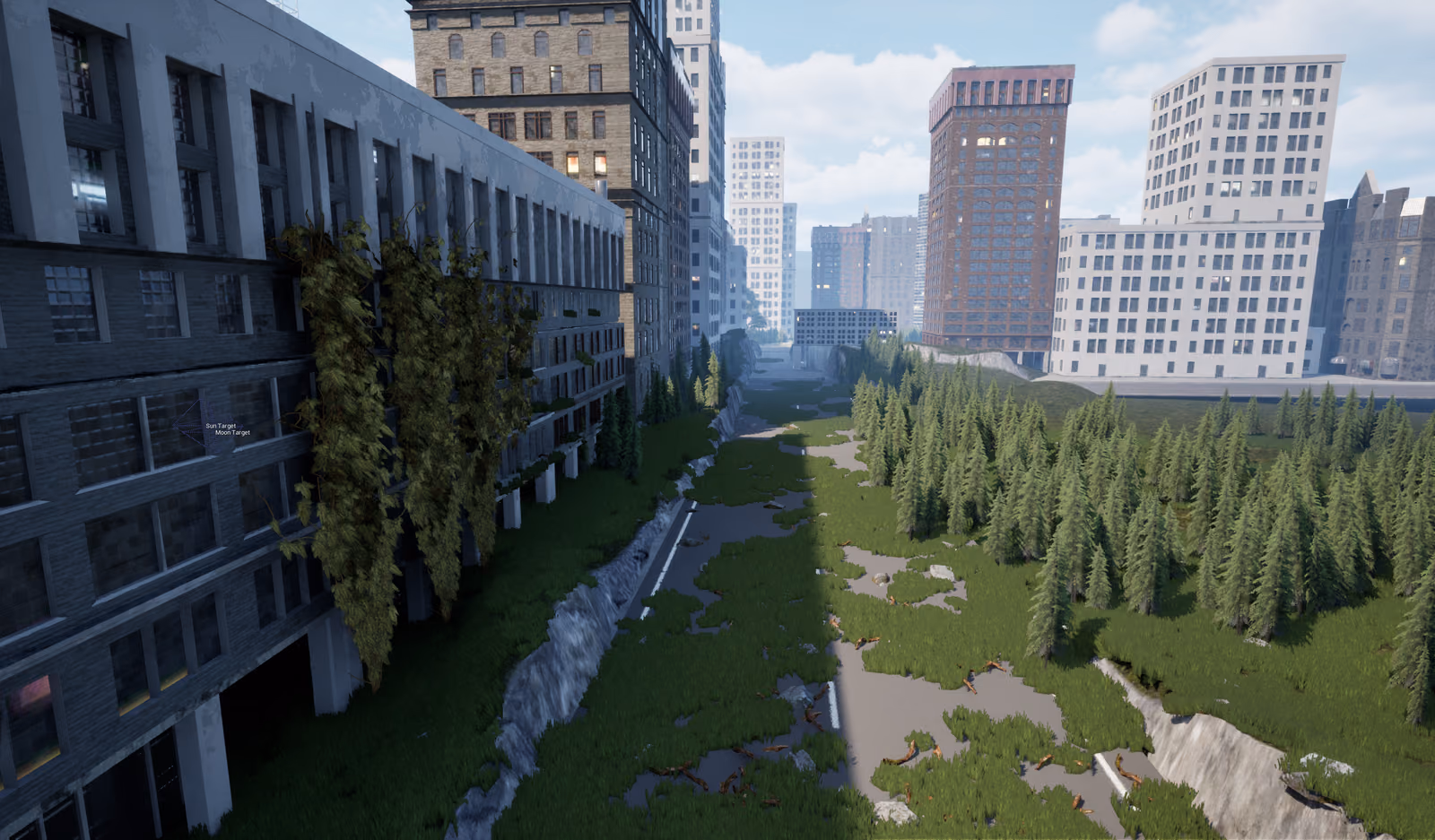 A street canyon between derelict towers with a creek and heavy vegetation running along the old roadbed, low sun catching the upper floors.