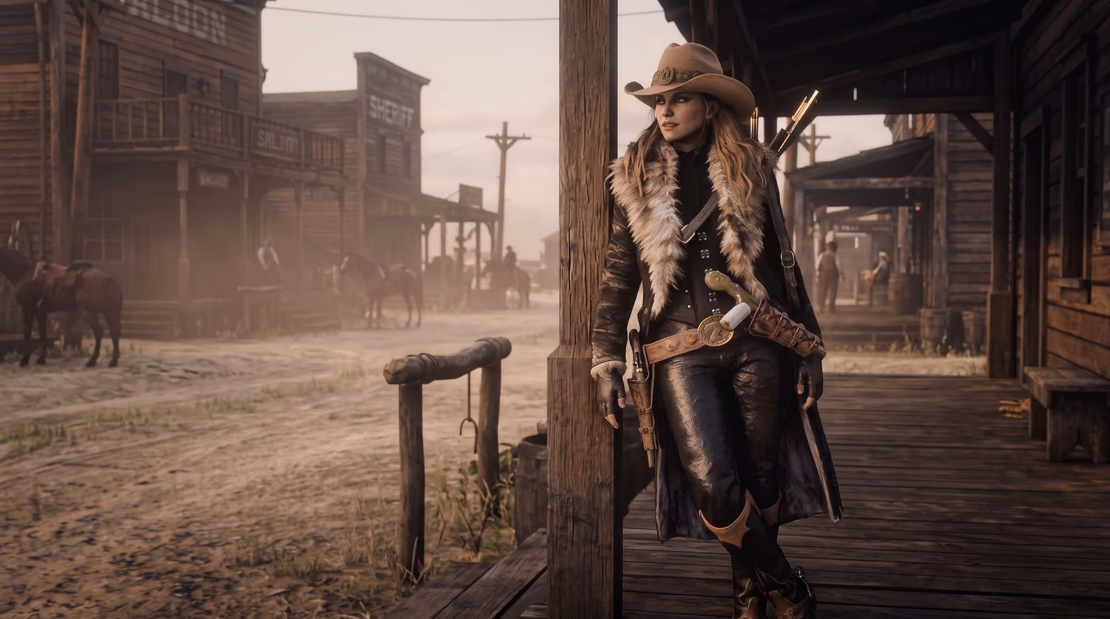 A woman in a fur-trimmed coat leans on a boardwalk post, dust in the street behind her lit from behind by low sun.