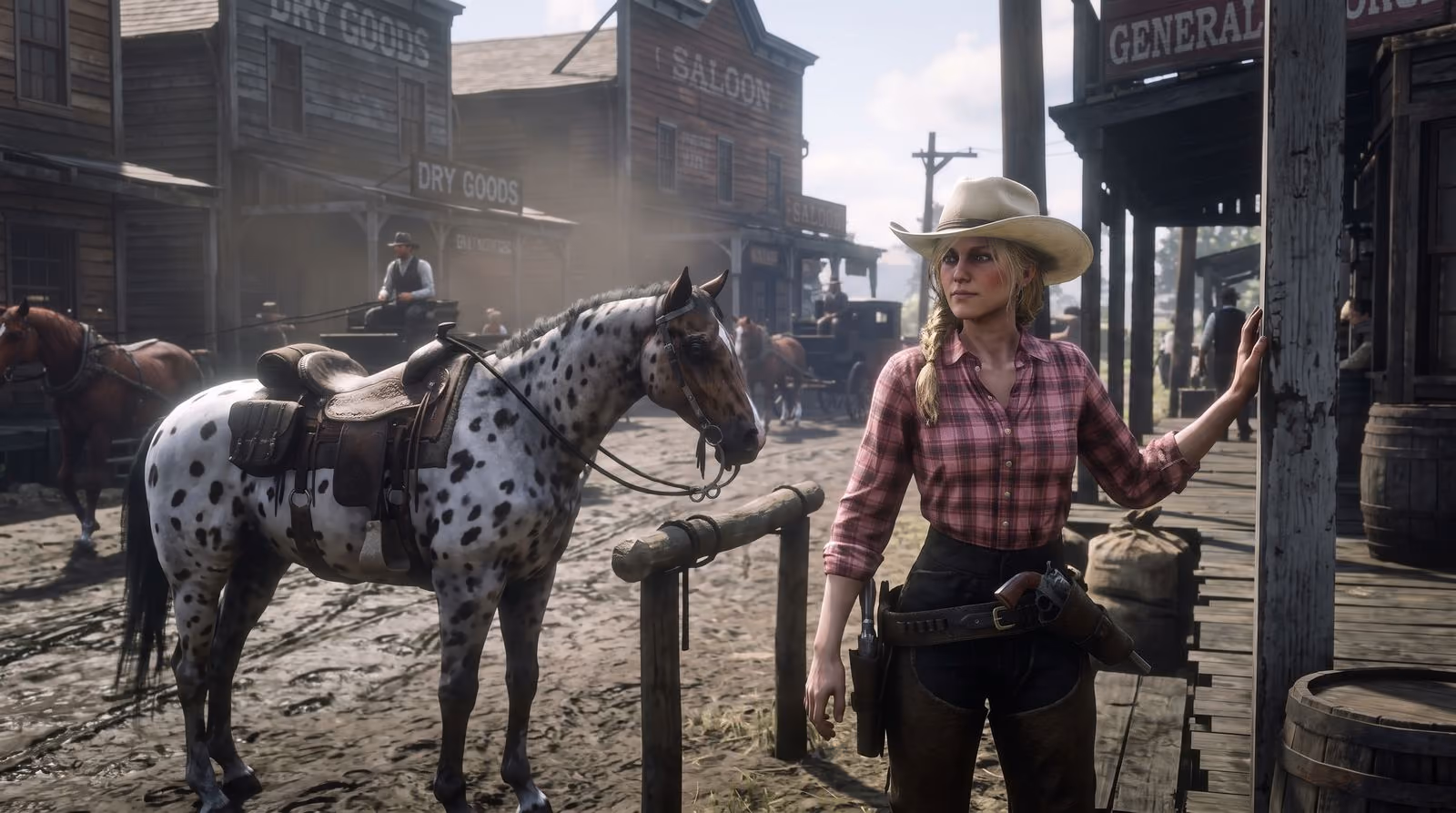 A woman in a red check shirt and straw hat stands at a hitching post beside a spotted horse on a muddy frontier main street.