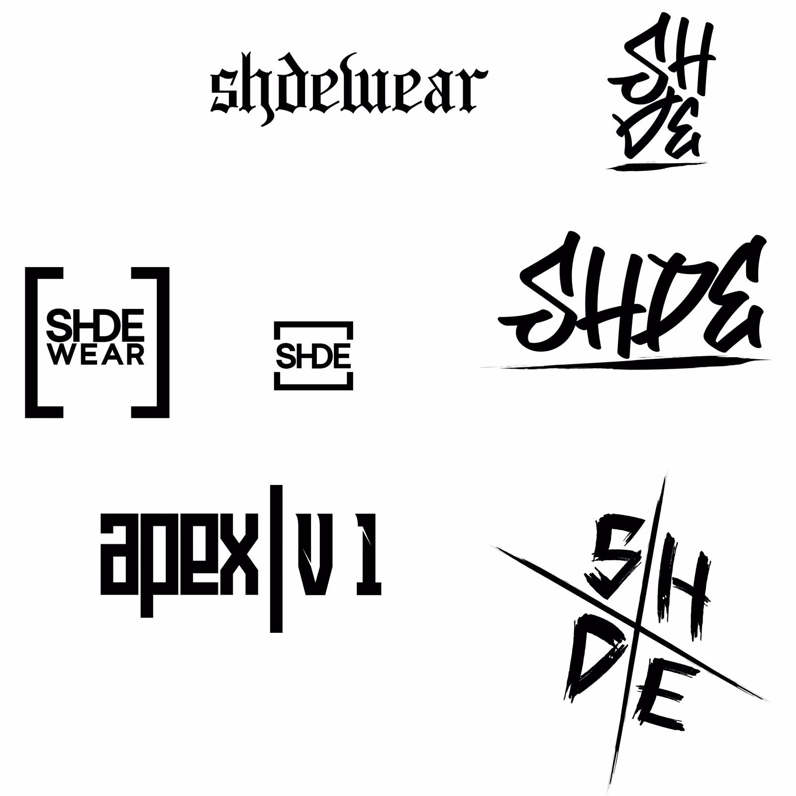 Wordmark exploration sheet for shdewear — eight variants of the name in blackletter, brush script and stencil forms, arranged on white.
