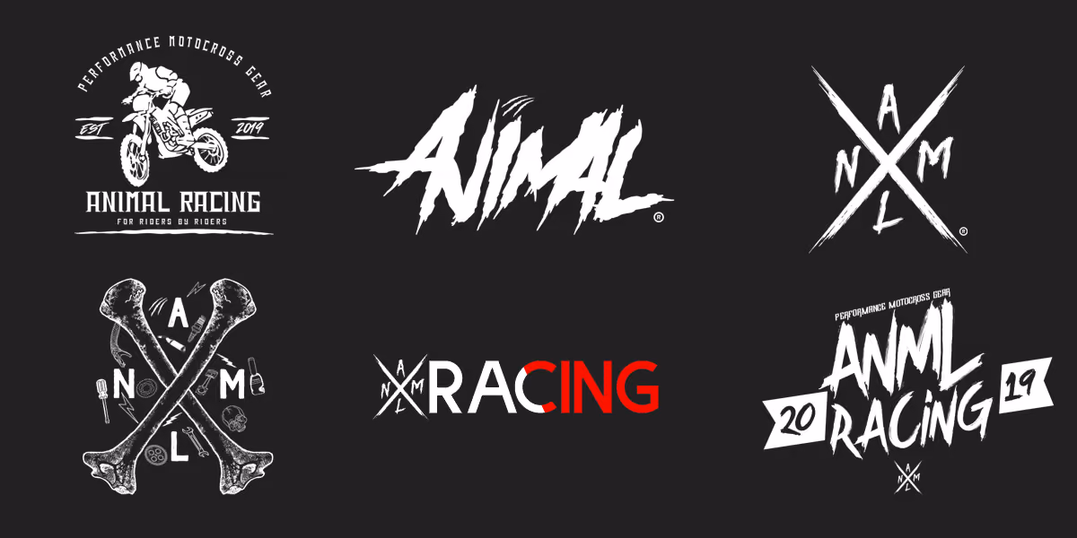 Animal Racing logo system on black — a rider badge with est. date, a torn brush wordmark, a crossed-bones monogram and a racing lockup.