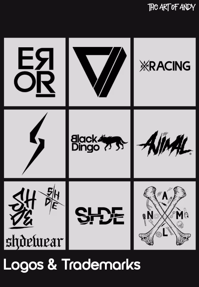 A nine-square grid of marks and trademarks in black on white, collecting the strongest logos across both labels and the studio.