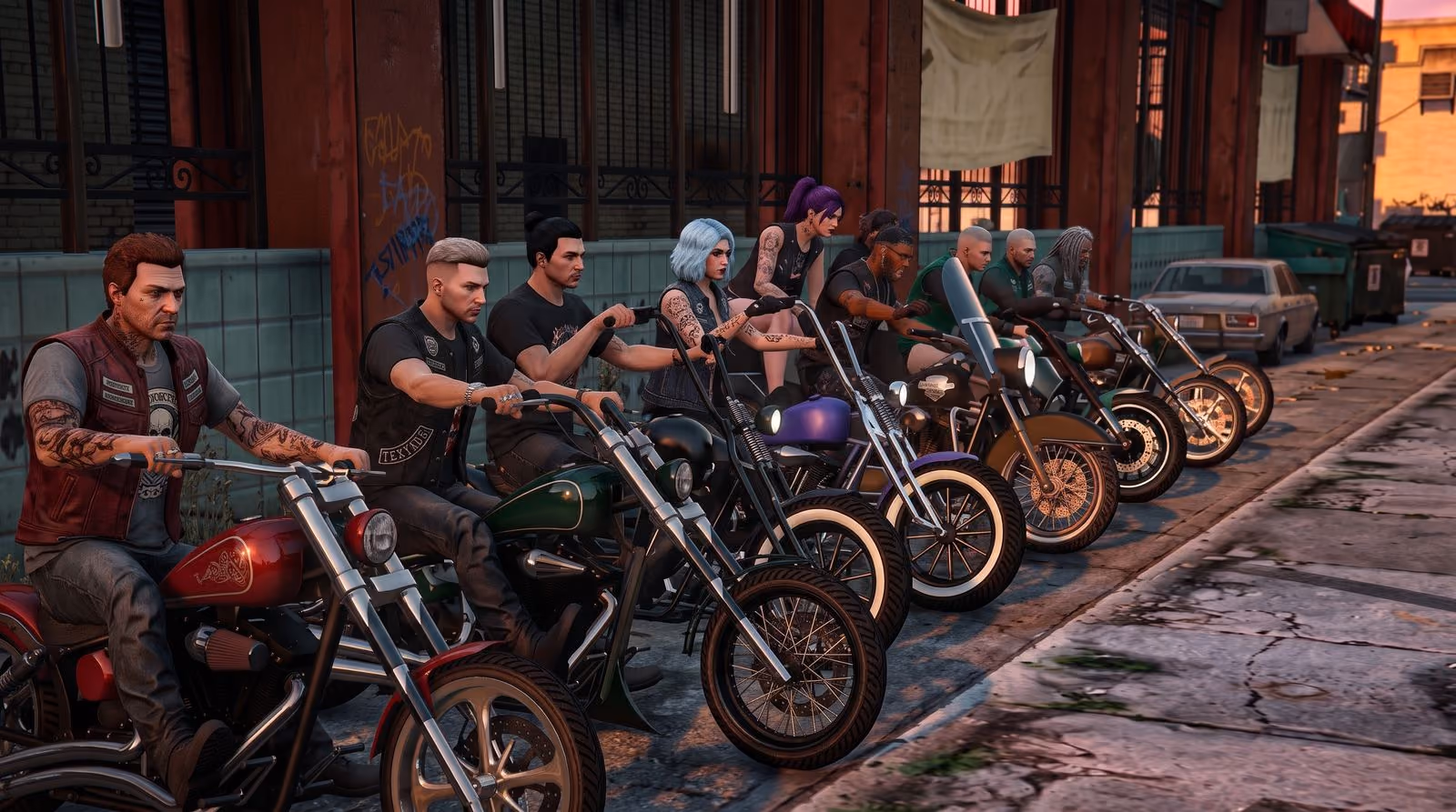 A row of riders sit astride their choppers outside a brick clubhouse in late light, the bikes angled down the footpath.