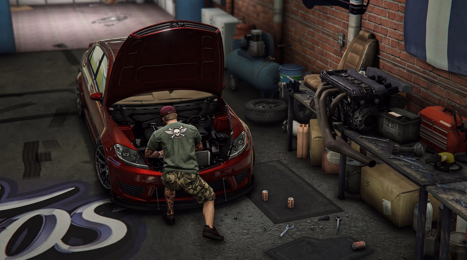 A mechanic leans into the open engine bay of a red sedan in a cluttered garage, tools and parts on the benches around him.