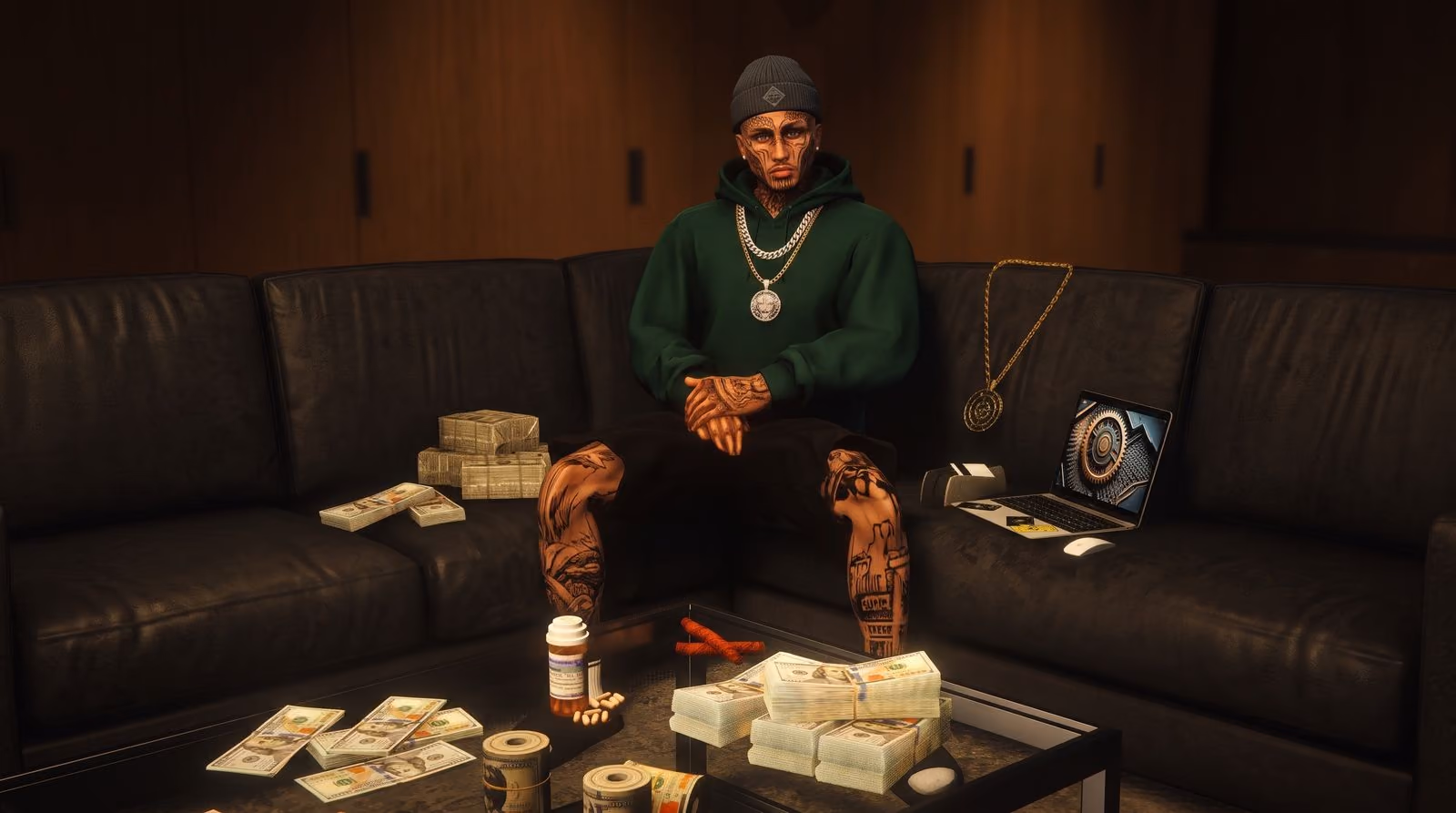 A man in a green hoodie and beanie sits on a leather couch in a dark wood-panelled room, stacks of cash and a laptop on the table in front of him.