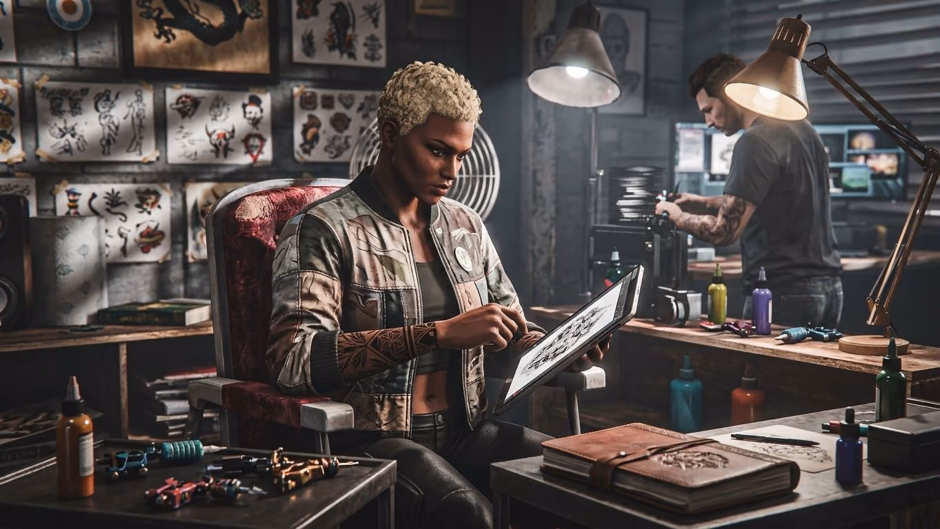 A tattoo studio lit by desk lamps: a client with bleached hair sits in the chair while the artist works at a bench of inks under flash sheets.