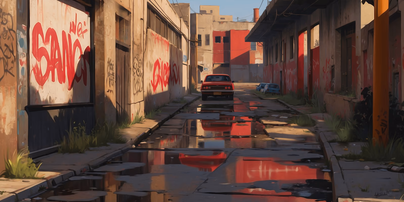 A back alley in 2 Kings territory, red graffiti across roller doors and walls, a low red car parked deep in the lane under wet reflections.