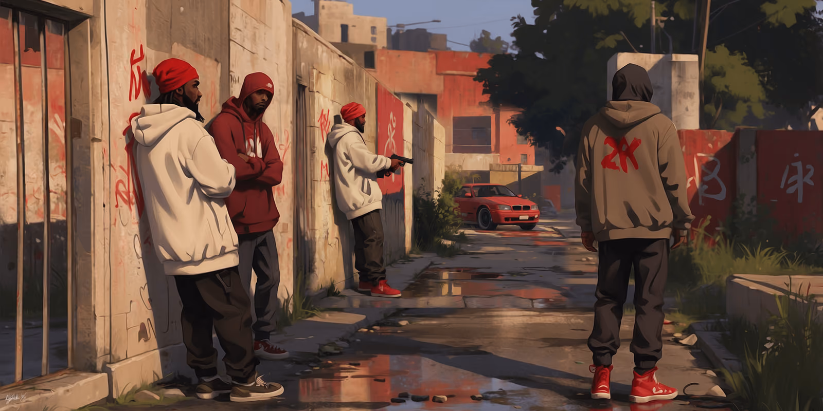 Three 2 Kings crew members against a tagged wall in red and white hooded tops, one holding a pistol at his side.