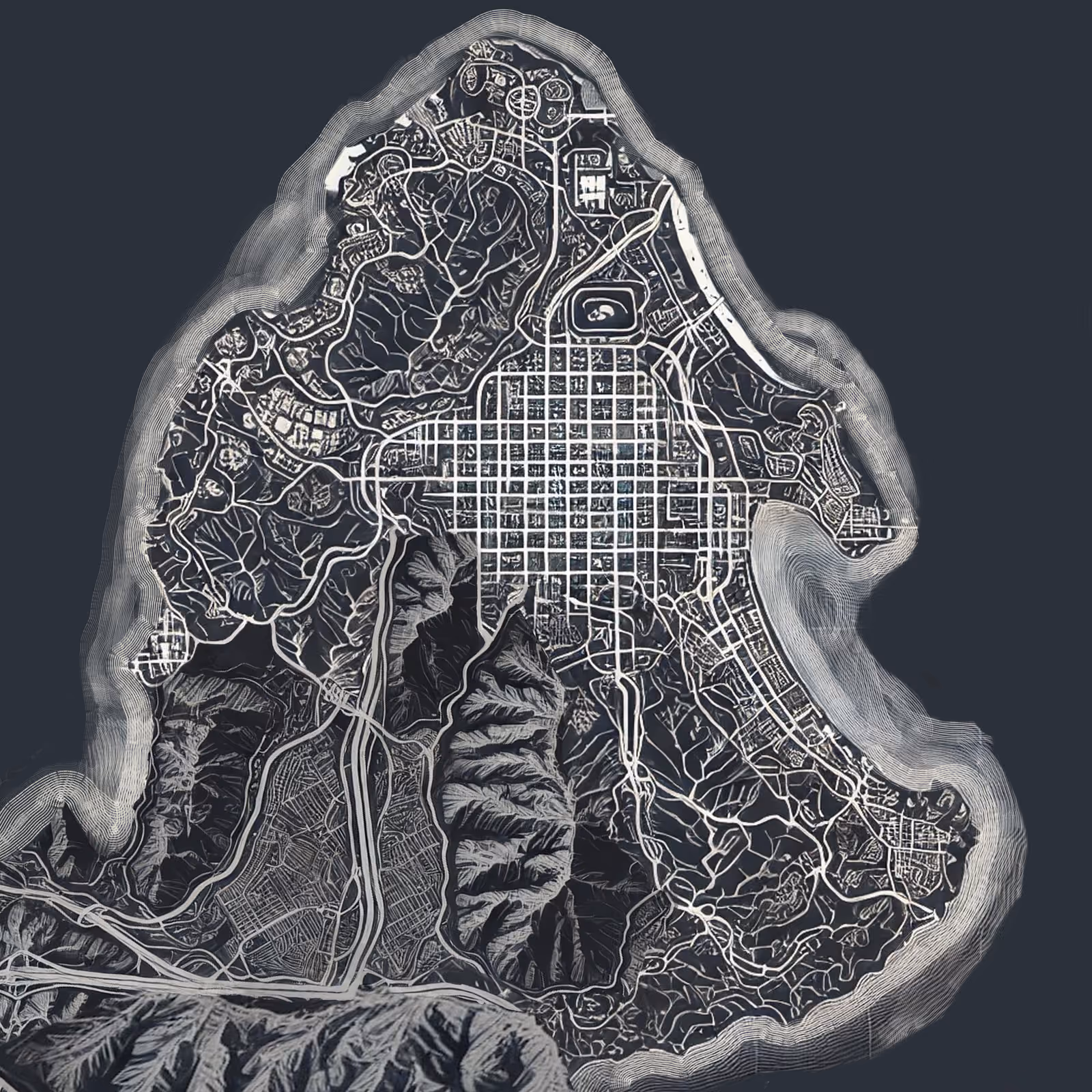 A monochrome city map of Mesa Valley, street grid and coastline drawn in fine white line on dark ground.