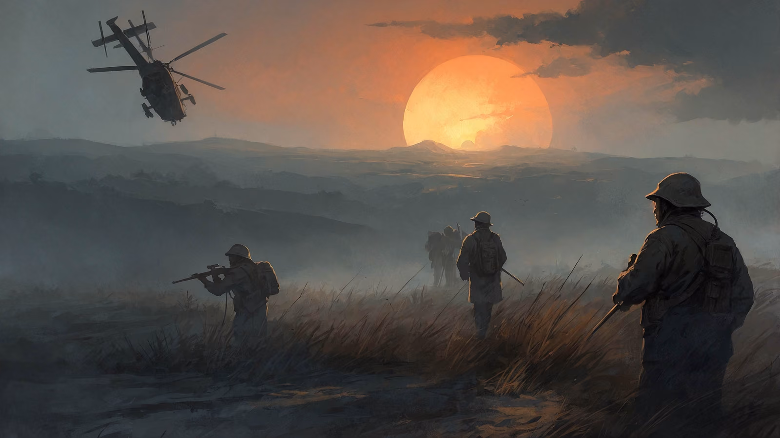 Soldiers spread across a grass ridge at dusk watching a helicopter come in against an orange sun.
