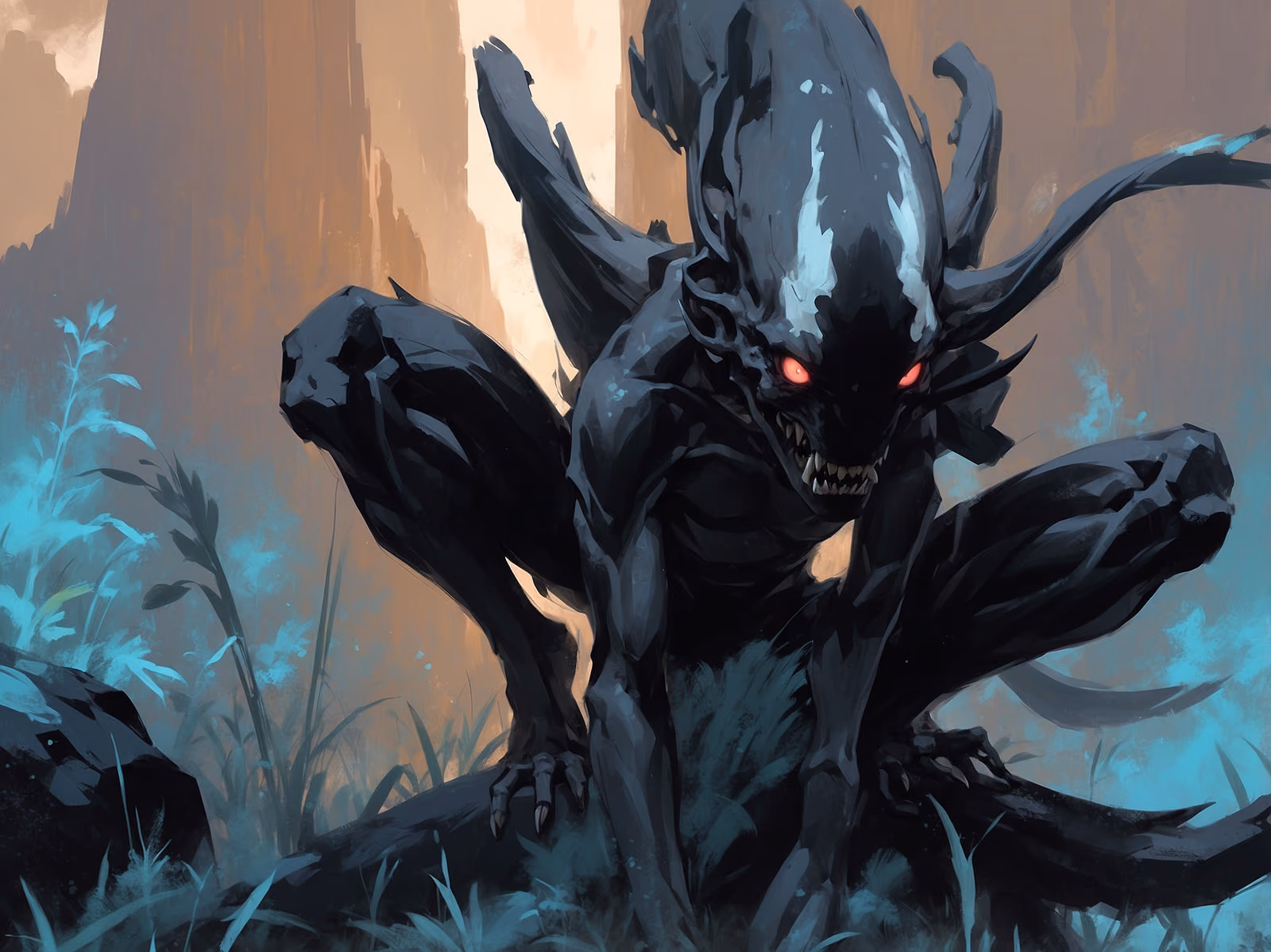 A black horned creature with red eyes rearing out of pale blue foliage at the base of a cliff.