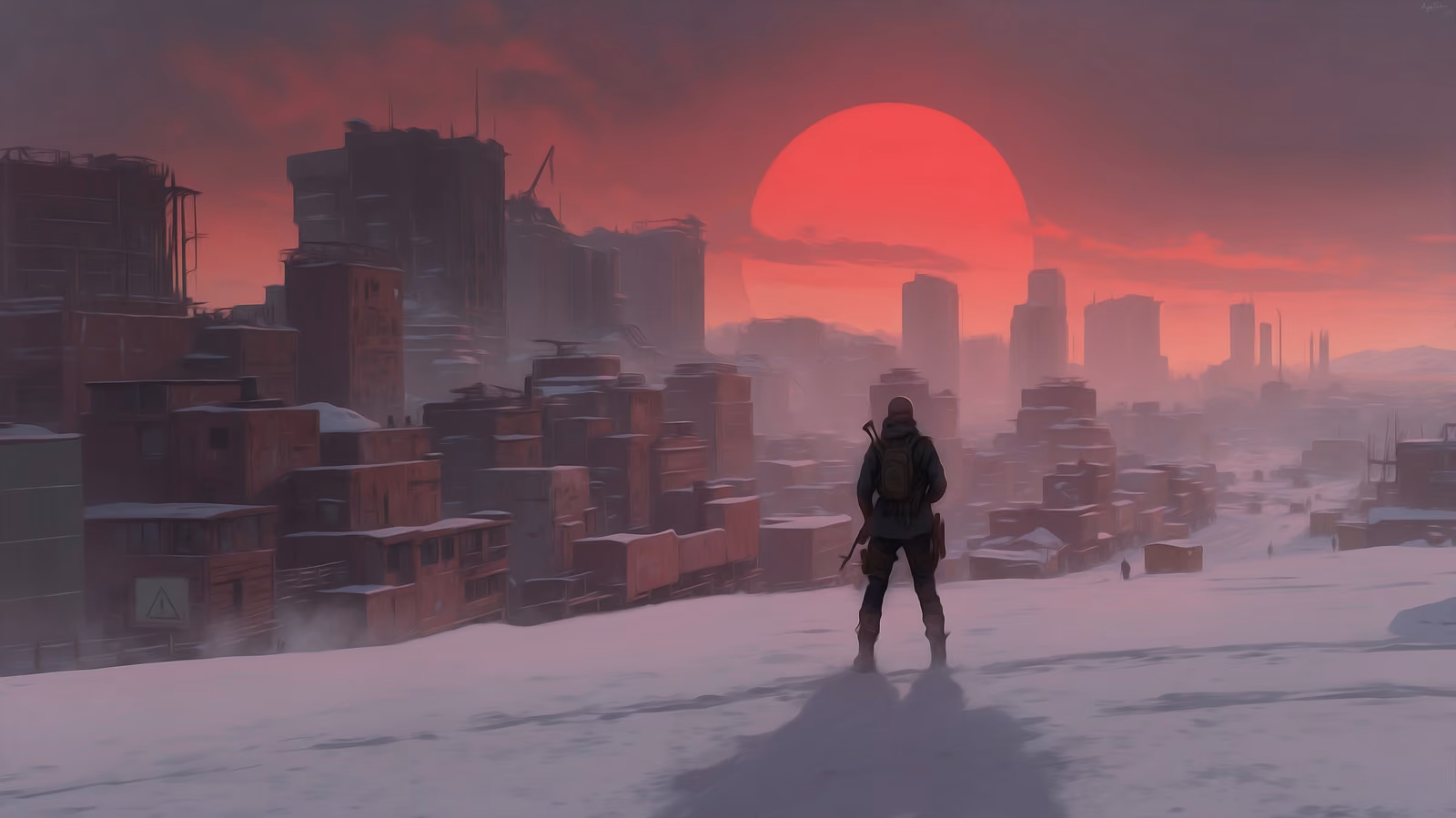 A lone figure in a hood standing in snow before a ruined skyline, a huge red sun low behind the towers.
