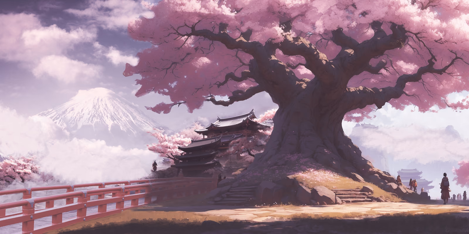 A vast blossoming tree over a shrine gate, petals drifting across a pale sky with a snow-capped peak behind and two small figures on the path below.