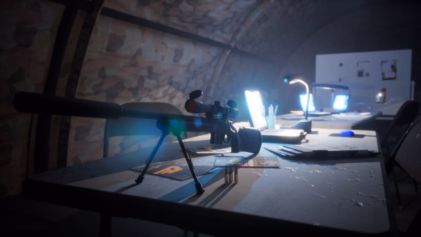 The rifle laid across a trestle table under blue practical lamps, camouflage tent lining behind, laptops glowing on the far tables.