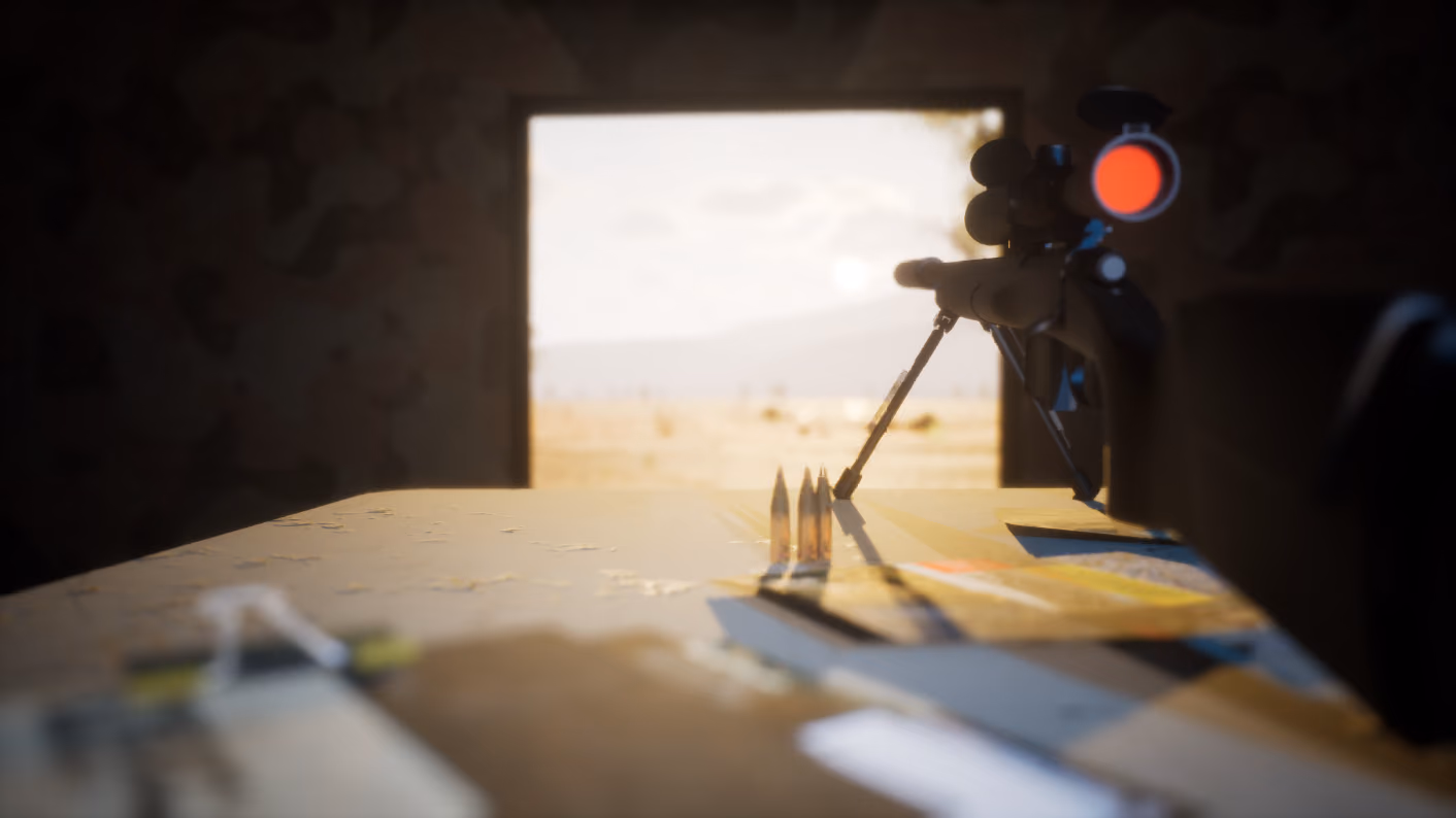 A bolt-action rifle on a bipod silhouetted against an open doorway, bright sunlit ground beyond, three rounds standing on the table edge in the foreground.