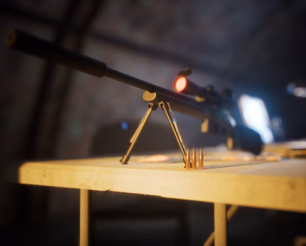 The rifle and three rounds on a table lit warm from a low angle, the tent falling away into shadow behind.