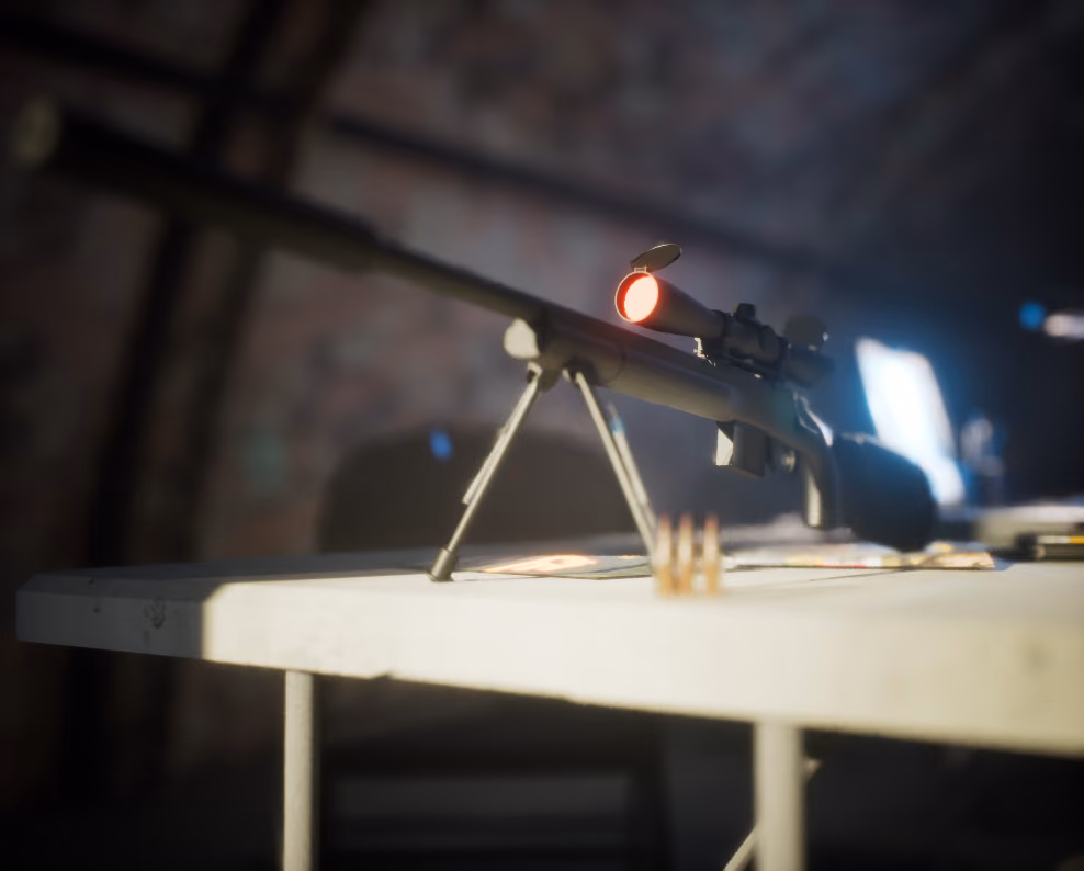 The rifle on its bipod in profile on a white trestle table, lit flat and cool from an overhead fluorescent, three brass rounds standing at the base of the bipod and a laptop throwing blue light from the right.