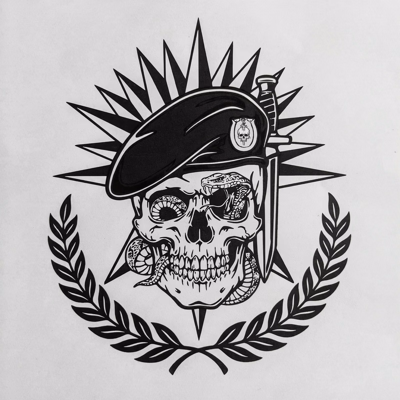 The Task Force 5-1 unit insignia in ink — a skull in a beret inside a laurel wreath, radiating spikes behind it.