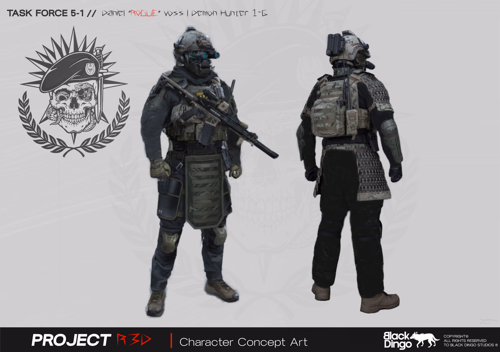 Character concept sheet for Daniel Voss, callsign Rogue — front and back views of an operator in plate carrier, helmet and respirator, with the unit crest and project marks set around him.